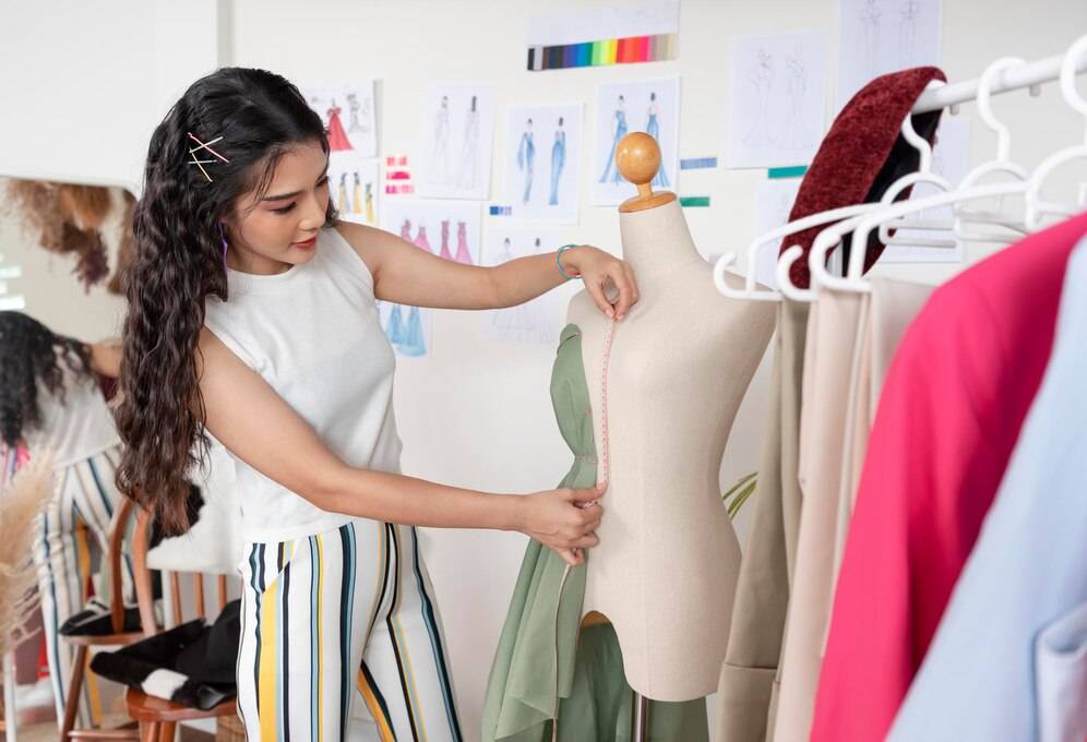 Woman taking measurements on a mannequin