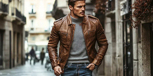 Man wearing a brown leather jacket