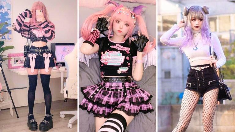 Young woman with lavender hair wearing pastel goth fashion: baby pink choker, black lace top, and soft purple makeup